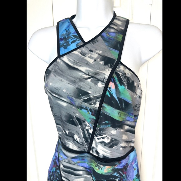 PARKER Tobias Halter Mini Dress Scuba Wrap Cut Out Blue Black Geometric Geo - Picture 4 of 11